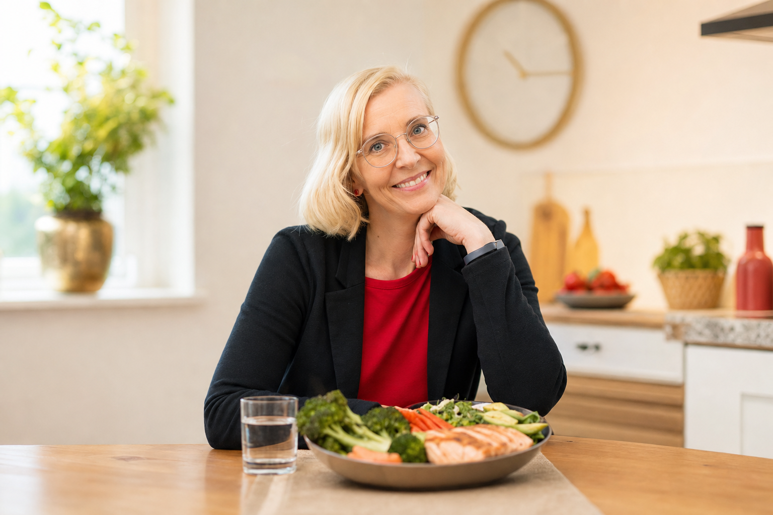 Daniela Marquardt erklärt die Intervallfasten Regeln in einer hellen Küche (KI-generiertes Bild)