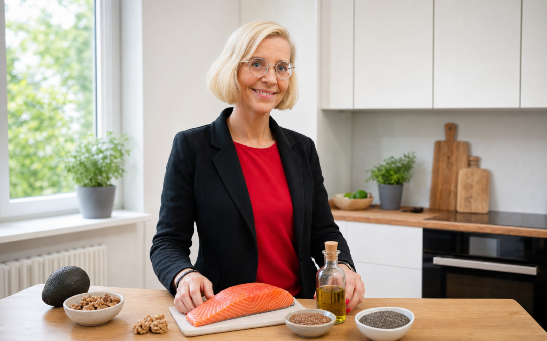 Daniela Marquardt in heller Küche mit Omega-3 Lebensmitteln wie Lachs, Avocado und Leinöl