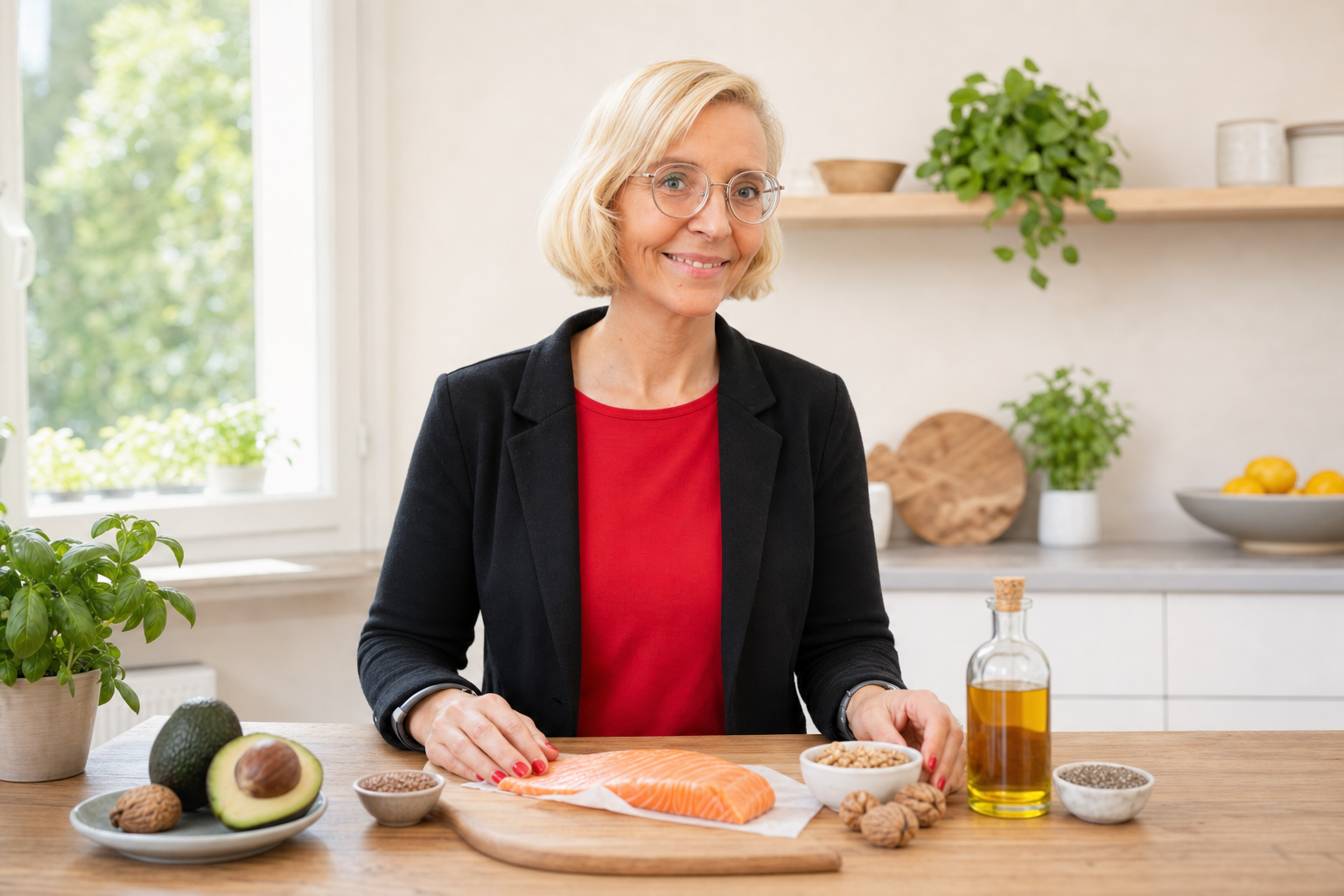 Omega-3 Lebensmittel auf einem Holztisch: Lachs, Walnüsse, Leinöl und Chiasamen