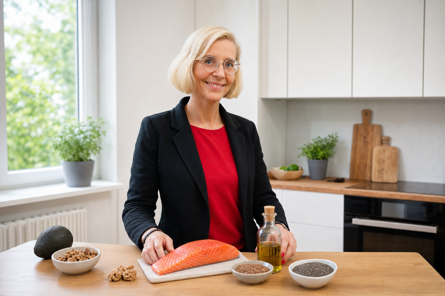 Daniela Marquardt in heller Küche mit Omega-3 Lebensmitteln wie Lachs, Avocado und Leinöl