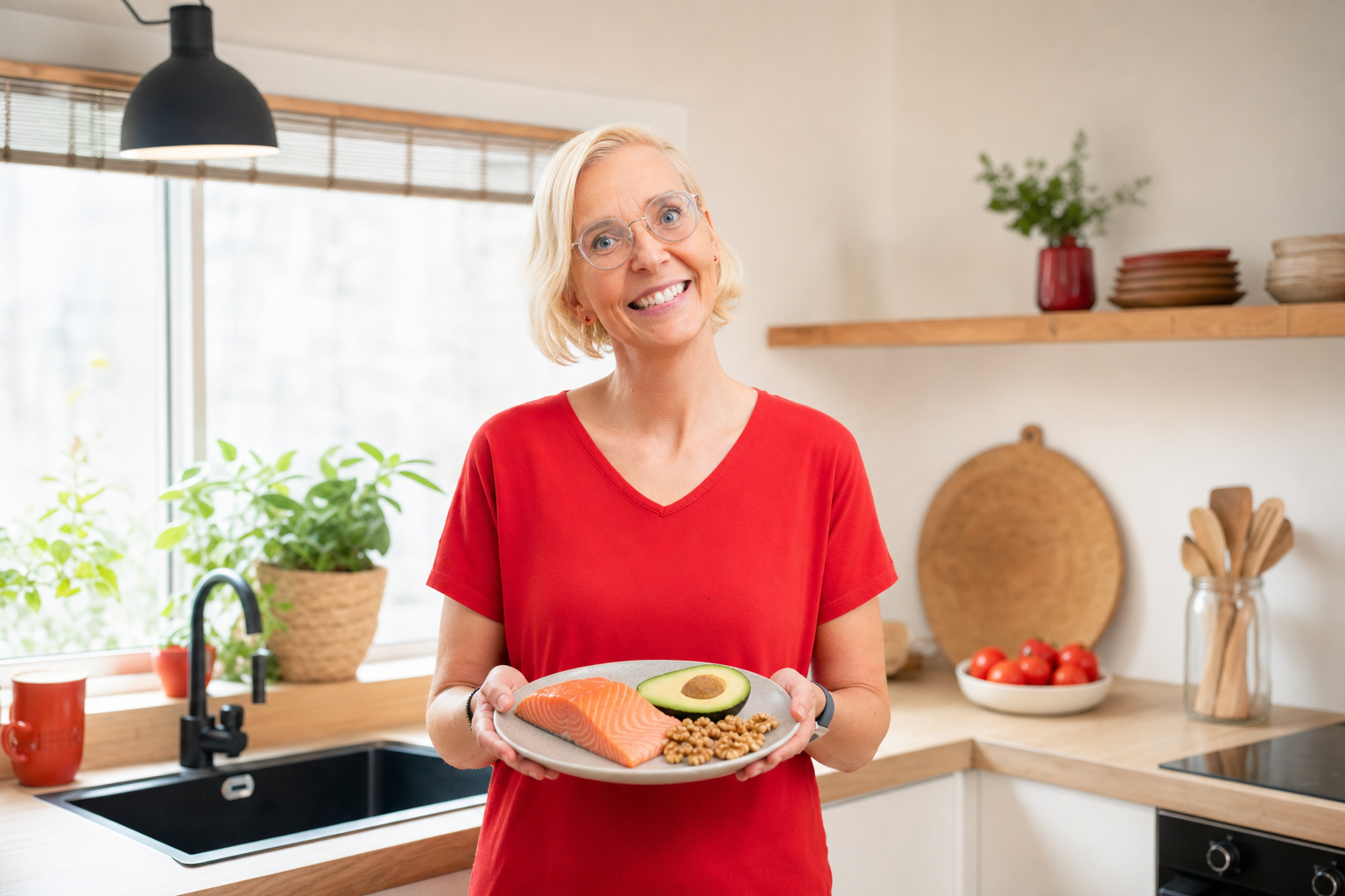 Omega-3-Mangel ausgleichen: Daniela Marquardt mit einem Teller Lachs, Avocado und Walnüssen (KI-generiertes Bild)