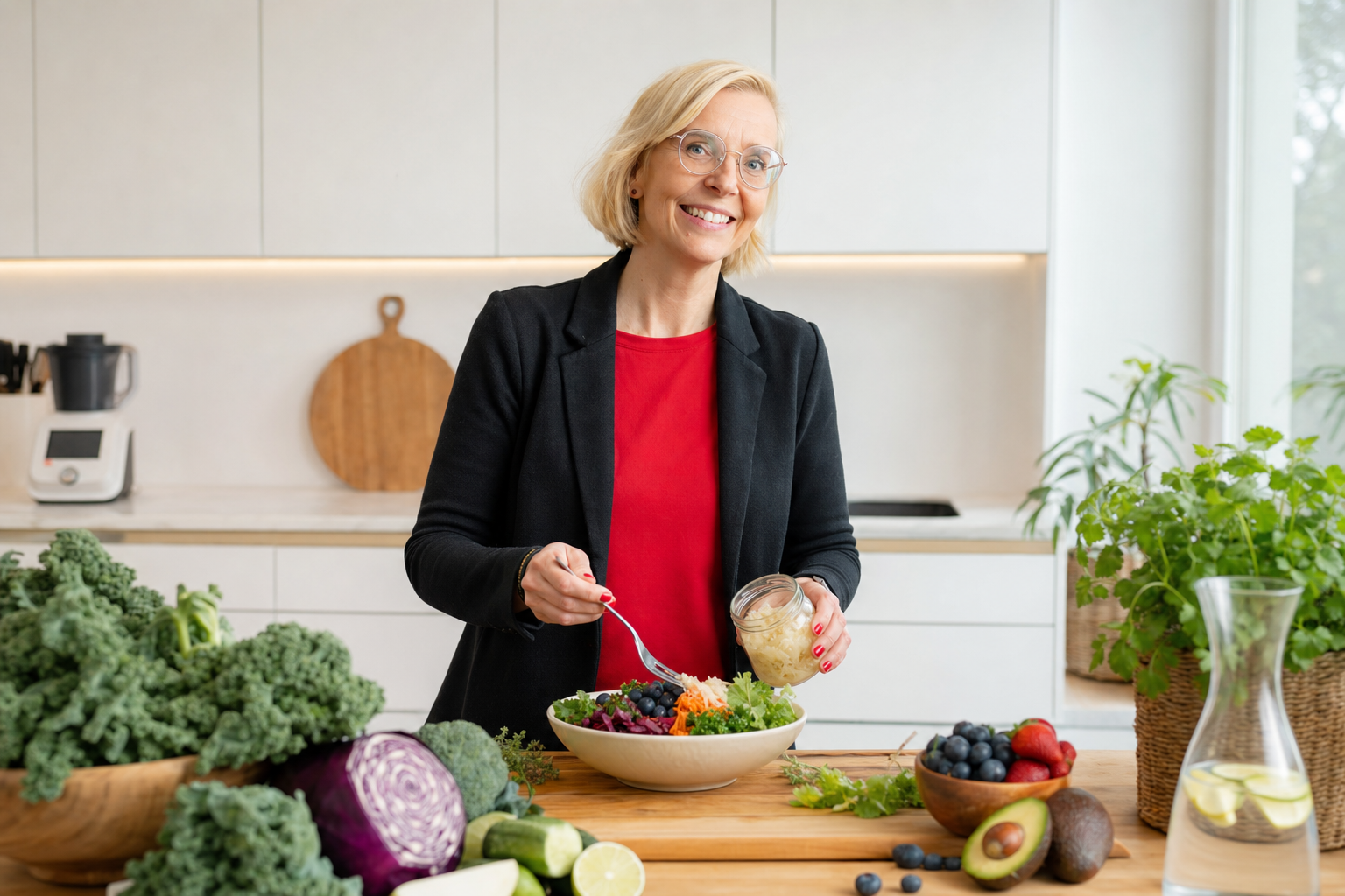 Daniela Marquardt in ihrer Küche mit frischem Gemüse und Sauerkraut für mehr Darmgesundheit