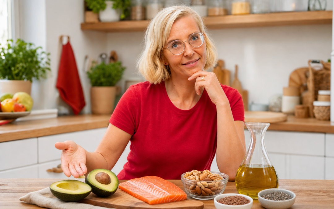 Daniela Marquardt zeigt gesunde Fette zum Abnehmen: Avocado, Lachs, Nüsse und Olivenöl