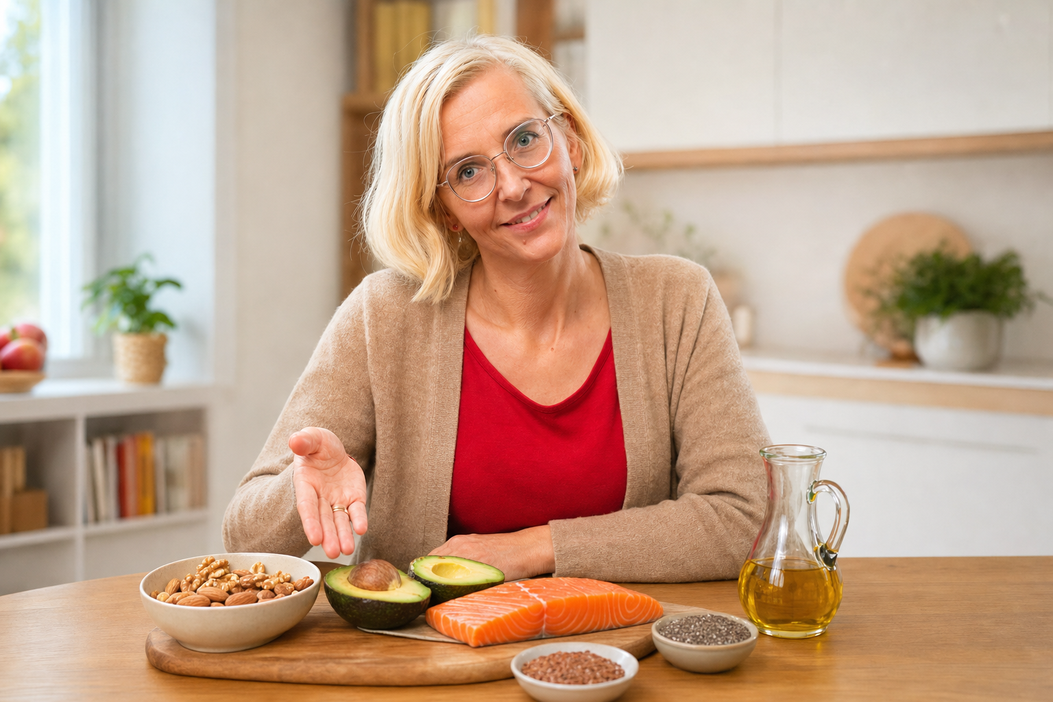 Gesunde Fette zum Abnehmen auf einem Holzbrett: Avocado, Lachs, Walnüsse, Leinsamen und Olivenöl