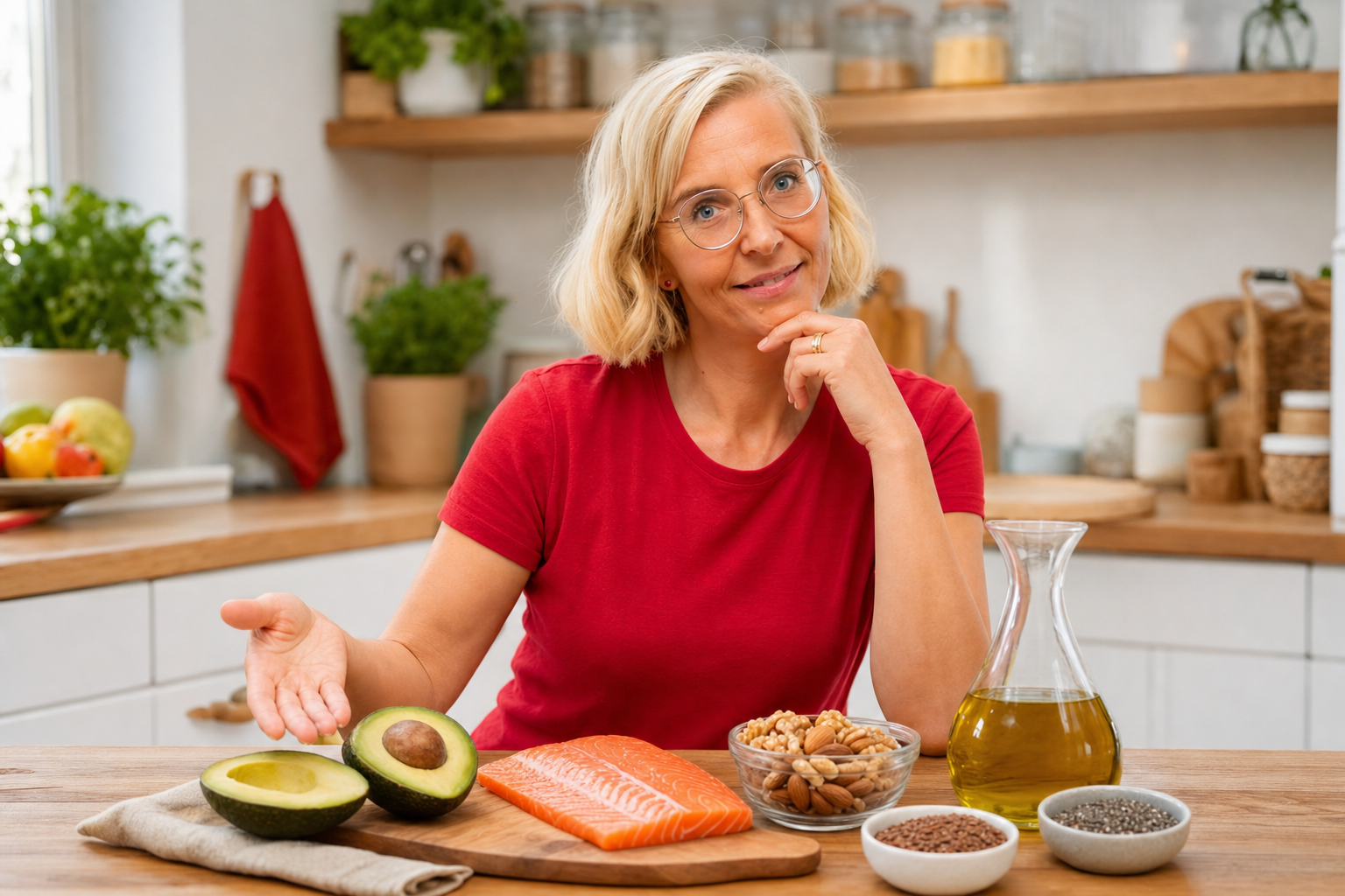 Daniela Marquardt zeigt gesunde Fette zum Abnehmen: Avocado, Lachs, Nüsse und Olivenöl