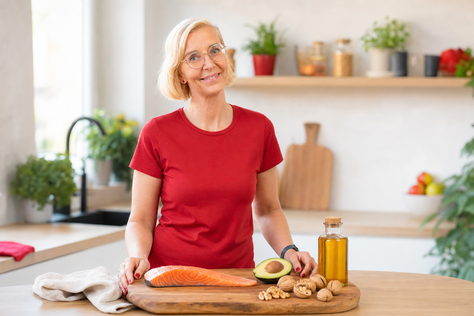 Omega 3 Wirkung im Alltag – frische Omega-3-Lebensmittel wie Lachs, Avocado, Walnüsse und Leinöl