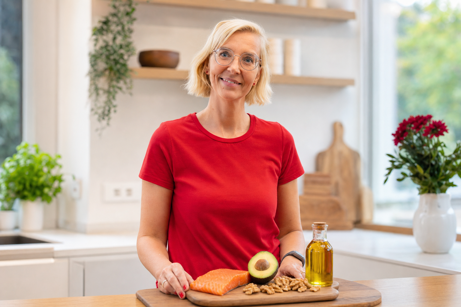 Omega 3 Wirkung: Daniela Marquardt in heller Küche mit Lachs, Avocado und Walnüssen