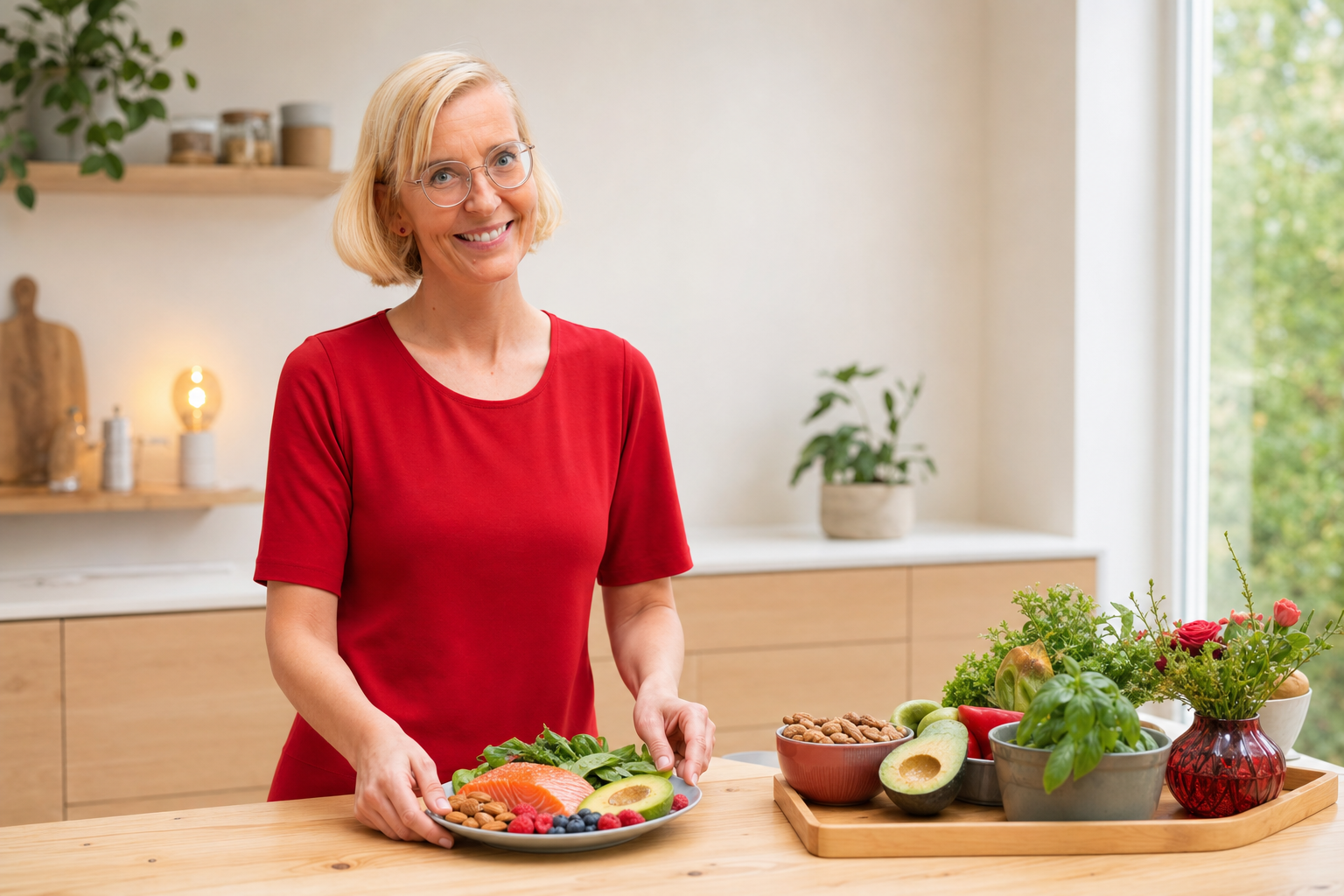 Abnehmen ohne Sport durch Eiweiß, Omega-3 und ruhigen Blutzucker — Daniela Marquardt zeigt eine Beispielmahlzeit (KI-generiertes Bild)