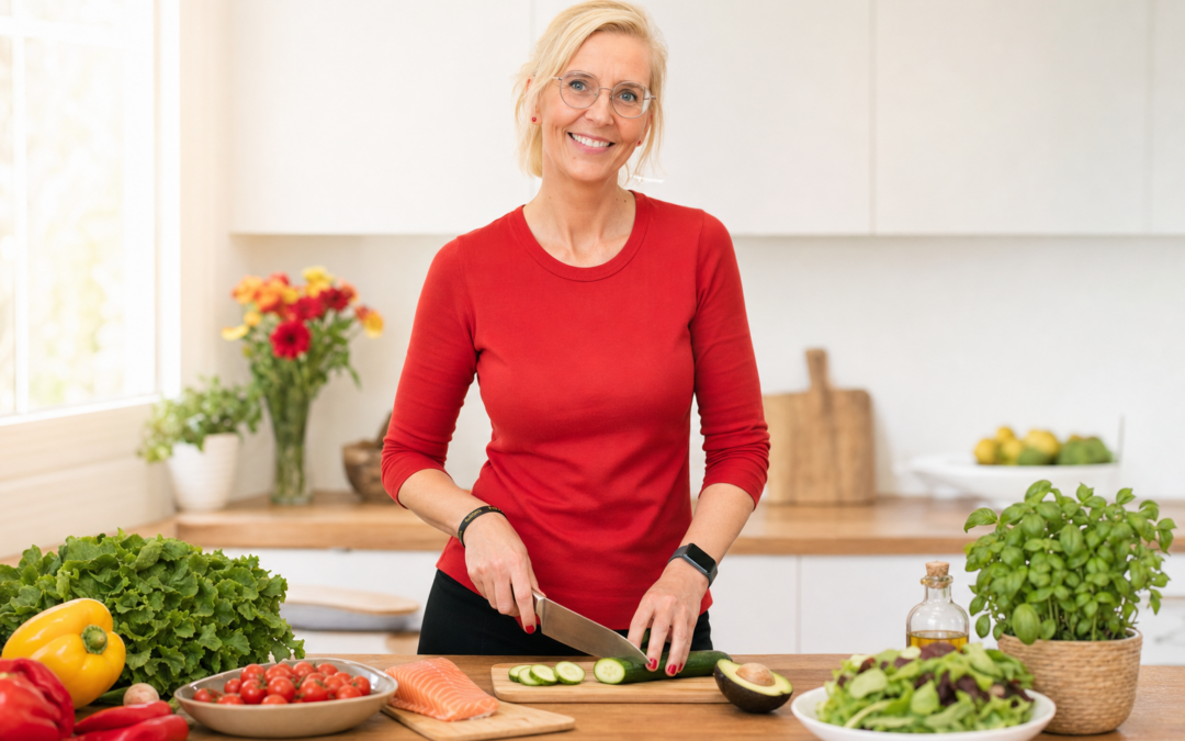 Daniela Marquardt bereitet in ihrer Küche eine gesunde Mahlzeit für die Ernährung Wechseljahre zu (KI-generiertes Bild)