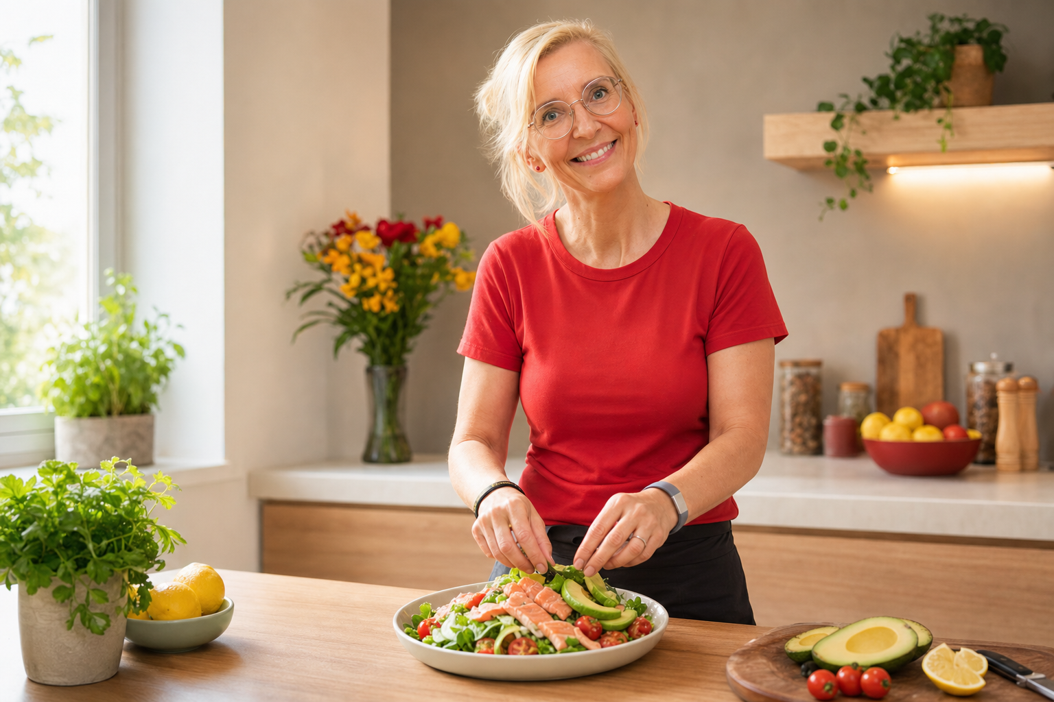 Daniela Marquardt bereitet in ihrer Küche einen frischen Salat zu – Symbolbild Gewichtszunahme Wechseljahre (KI-generiertes Bild)
