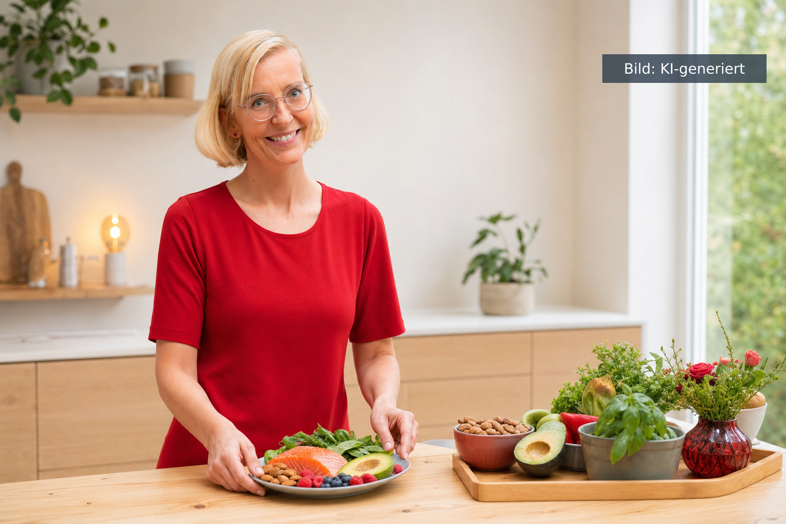 Abnehmen ohne Sport durch Eiweiß, Omega-3 und ruhigen Blutzucker — Daniela Marquardt zeigt eine Beispielmahlzeit (KI-generiertes Bild)