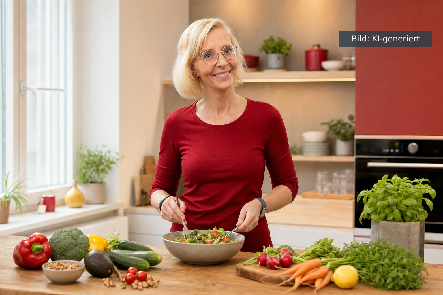 Bauchfett verlieren Frau - frisches Gemüse, Avocado und Walnüsse als entzündungsarme Ernährung (KI-generiertes Bild)