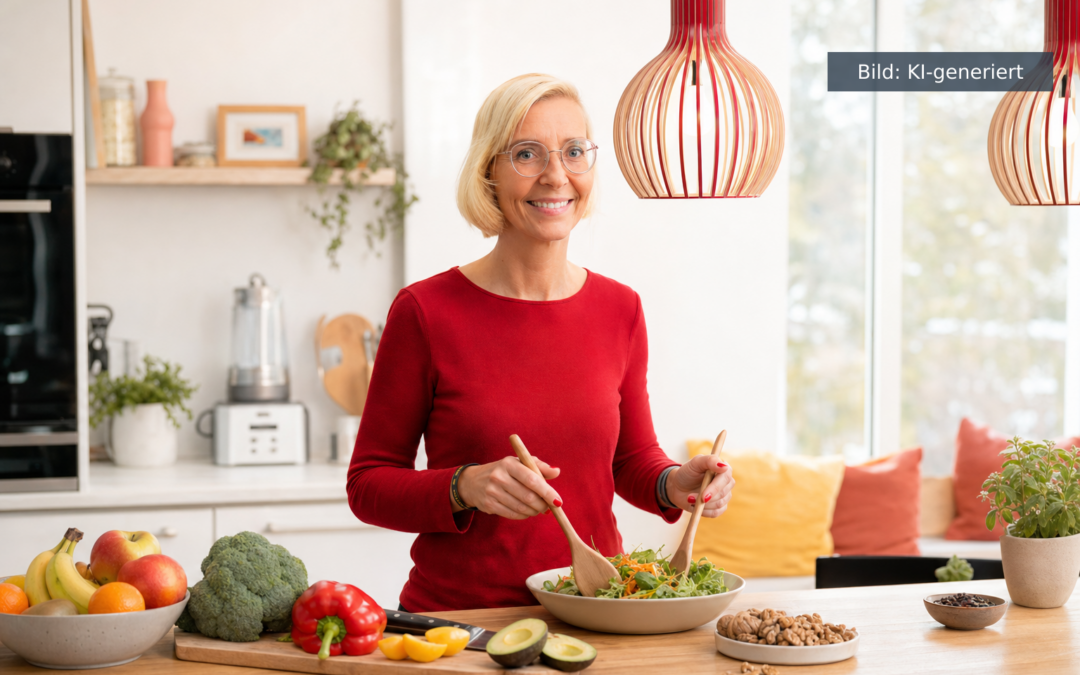 Bauchfett verlieren Frau ab 40 - Daniela Marquardt bereitet in heller Küche einen frischen Salat zu (KI-generiertes Bild)