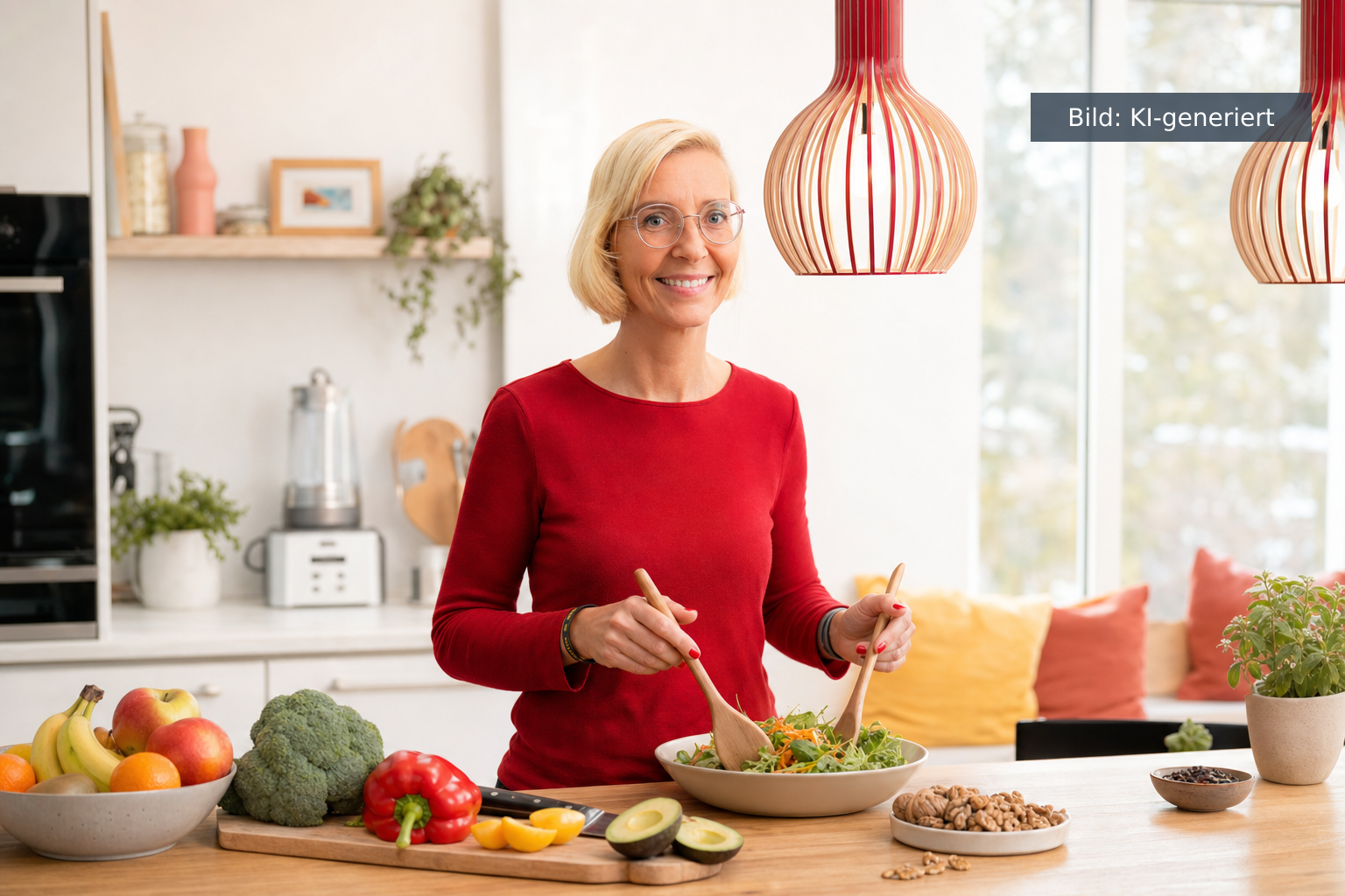 Bauchfett verlieren Frau ab 40 - Daniela Marquardt bereitet in heller Küche einen frischen Salat zu (KI-generiertes Bild)