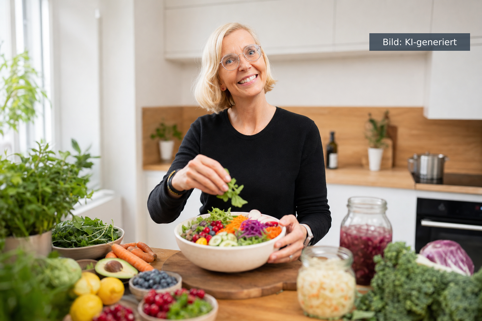 Frische ballaststoffreiche Lebensmittel für die Darmgesundheit von Frauen ab 40 (KI-generiertes Bild)