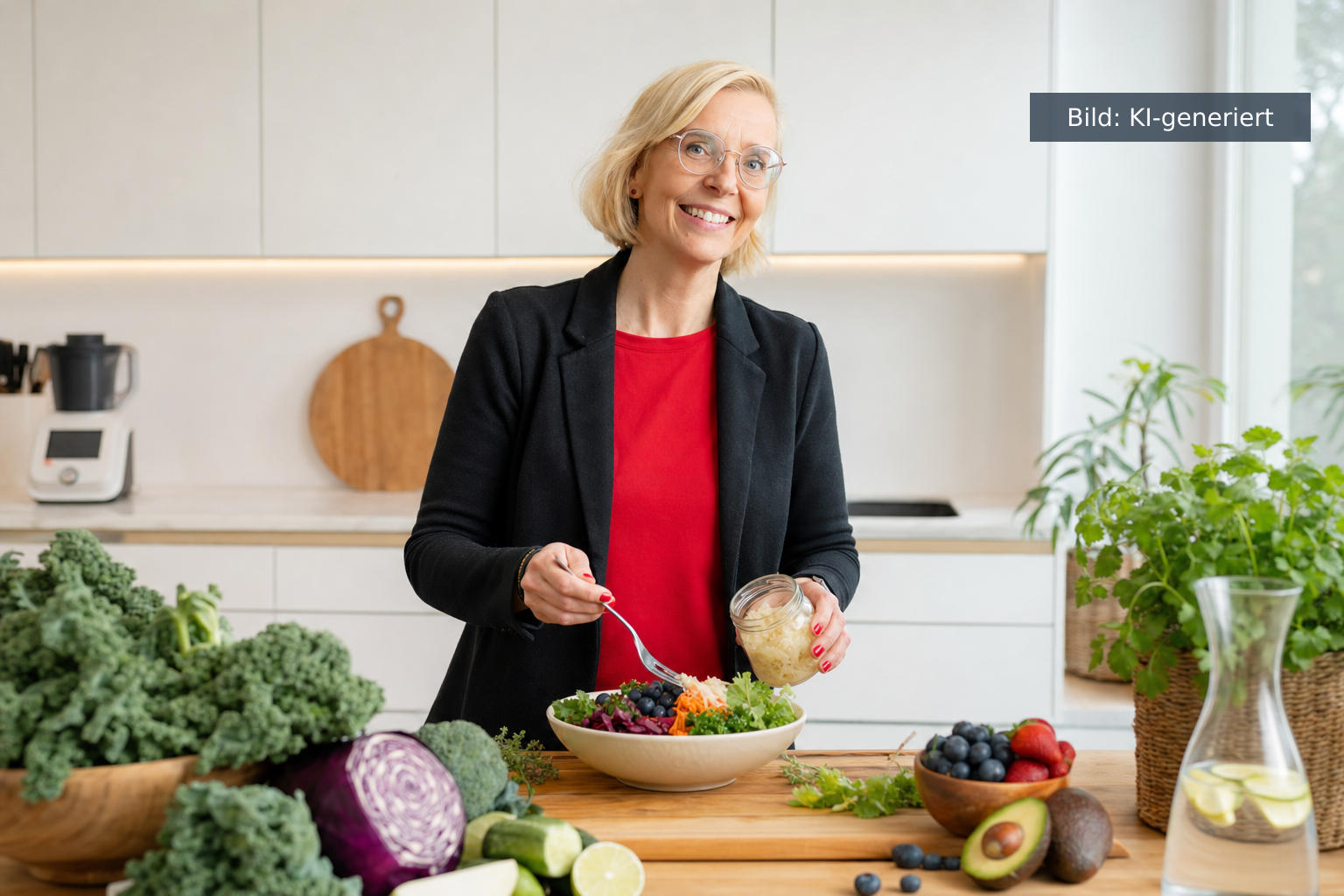 Daniela Marquardt in ihrer Küche mit frischem Gemüse und Sauerkraut für mehr Darmgesundheit (KI-generiertes Bild)