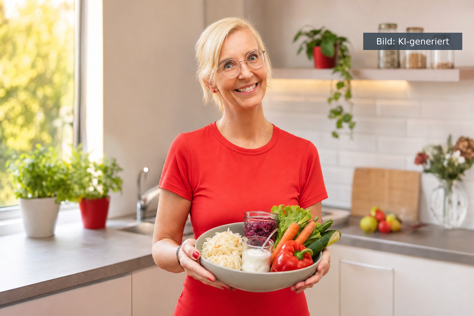 Darmsanierung ab 40: Daniela Marquardt mit frischem Gemüse und fermentierten Lebensmitteln in der Küche (KI-generiertes Bild)