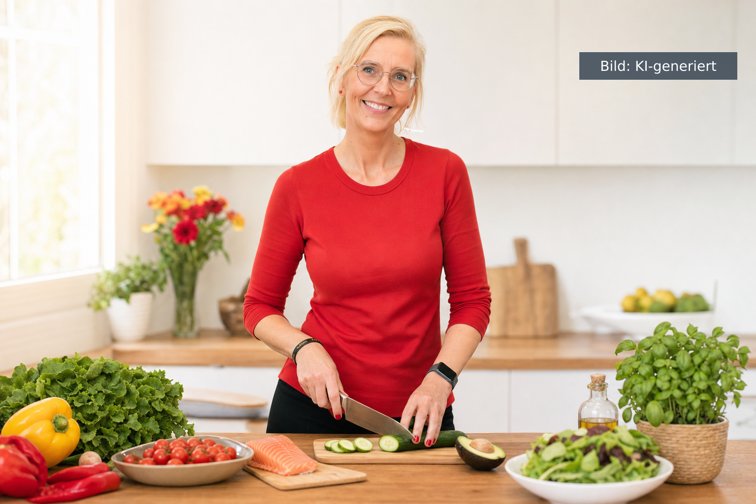Daniela Marquardt bereitet in ihrer Küche eine gesunde Mahlzeit für die Ernährung Wechseljahre zu (KI-generiertes Bild)