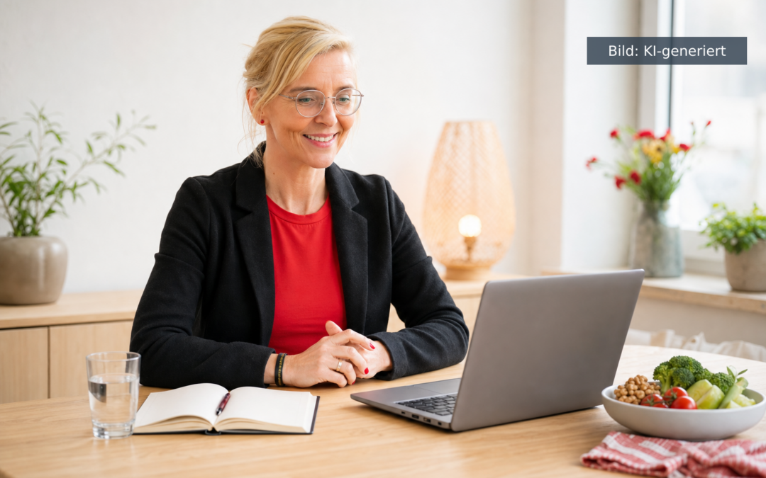Ernährungsberatung online mit Daniela Marquardt am Laptop (KI-generiertes Bild)