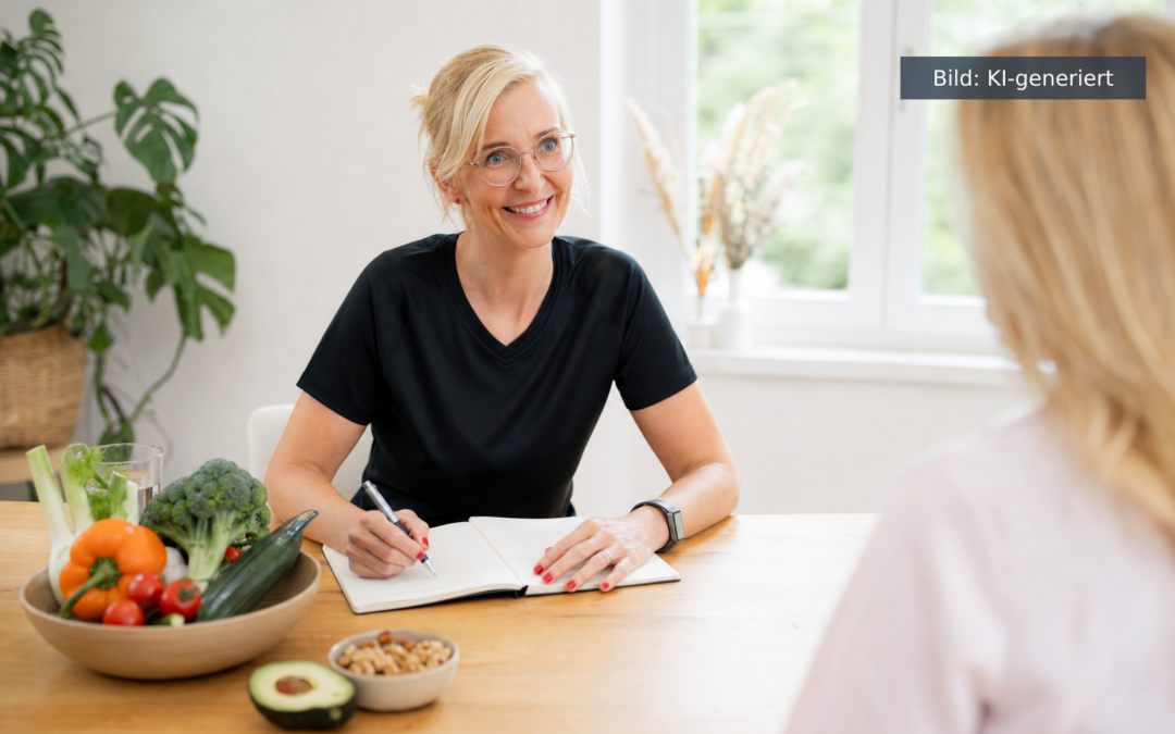 Ernährungsberatung Wechseljahre — Daniela Marquardt im Beratungsgespräch am hellen Tisch mit frischen Lebensmitteln (KI-generiertes Bild)