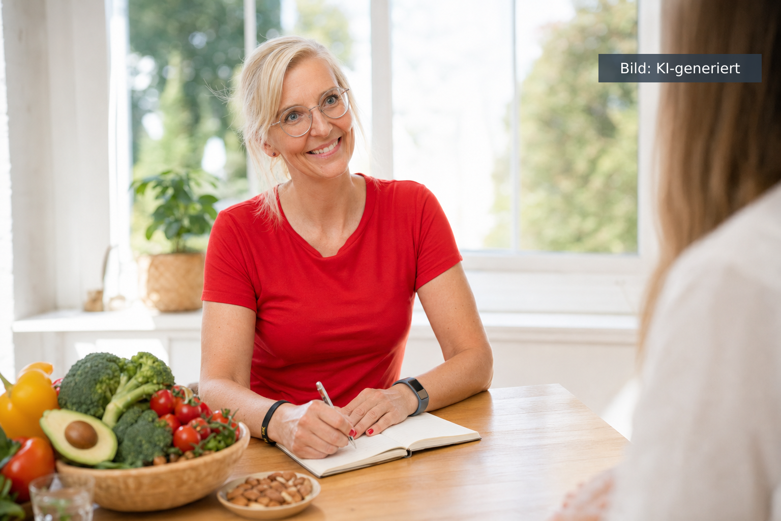 Ernährungsberatung Wechseljahre: frische Lebensmittel und Notizbuch auf hellem Holztisch (KI-generiertes Bild)
