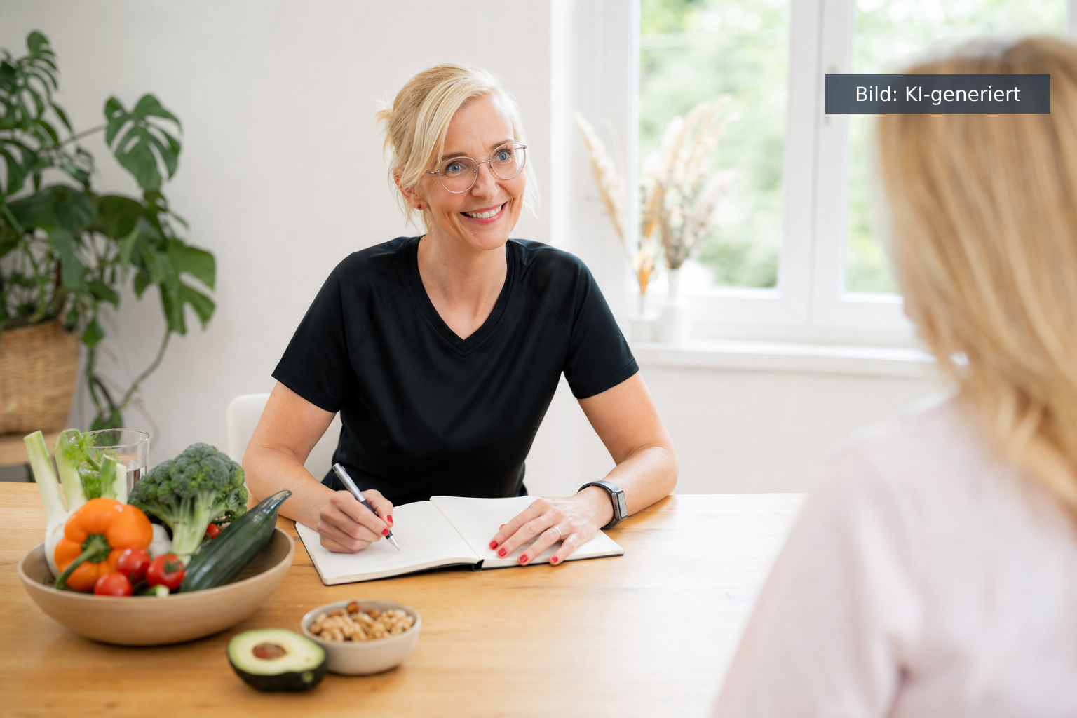 Ernährungsberatung Wechseljahre — Daniela Marquardt im Beratungsgespräch am hellen Tisch mit frischen Lebensmitteln (KI-generiertes Bild)