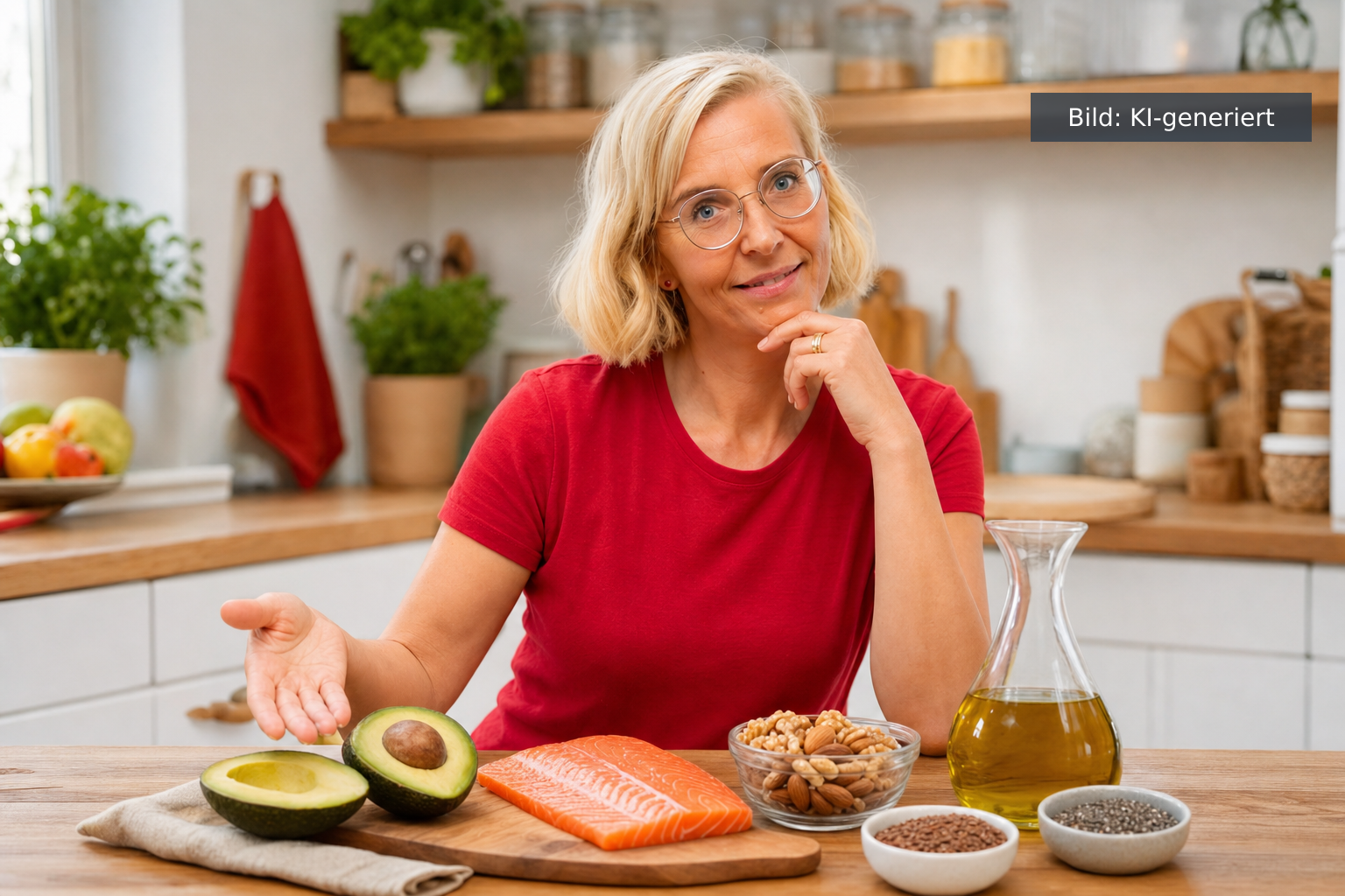 Daniela Marquardt zeigt gesunde Fette zum Abnehmen: Avocado, Lachs, Nüsse und Olivenöl (KI-generiertes Bild)