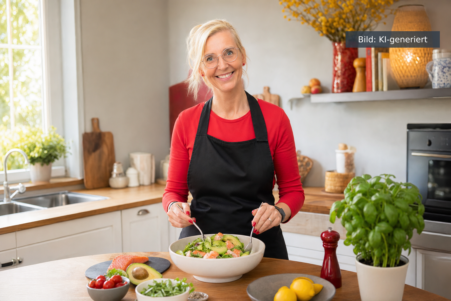 Frau in der Küche mit frischem Lachs-Salat als Symbolbild für Gewichtszunahme Wechseljahre (KI-generiertes Bild)