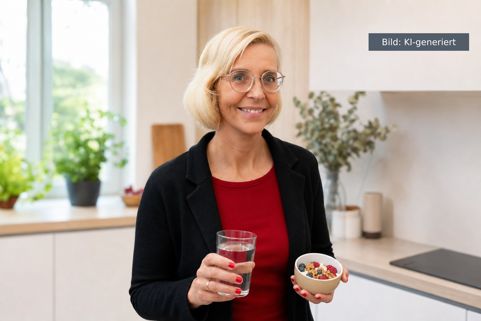 Intervallfasten Frauen – Daniela Marquardt mit gesundem Frühstück in heller Küche (KI-generiertes Bild)