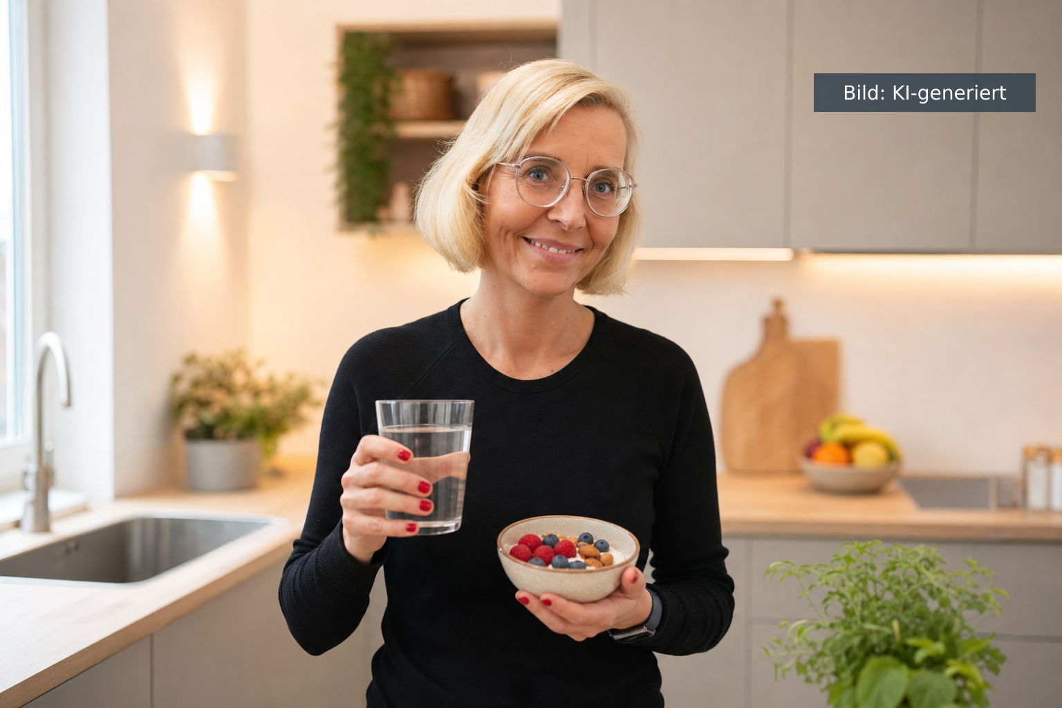 Intervallfasten Frauen ab 40 – Daniela Marquardt mit Wasserglas und frischem Obst (KI-generiertes Bild)