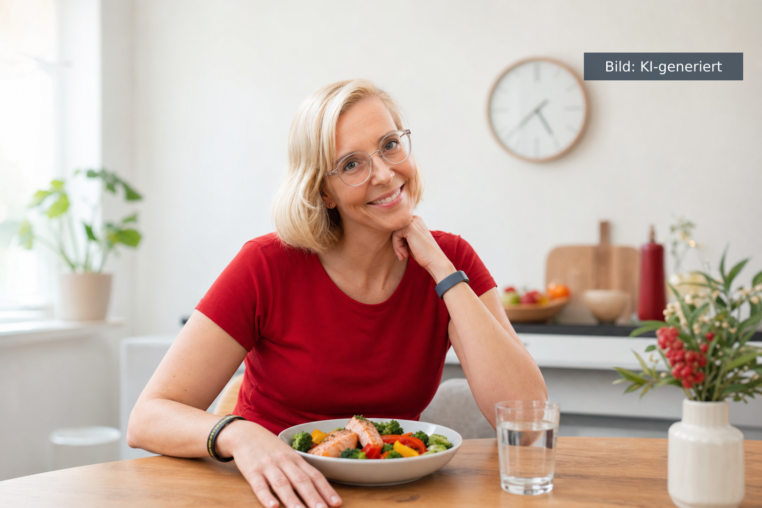 Intervallfasten Regeln für Frauen ab 40 – gesunde Mahlzeit im Essensfenster (KI-generiertes Bild)