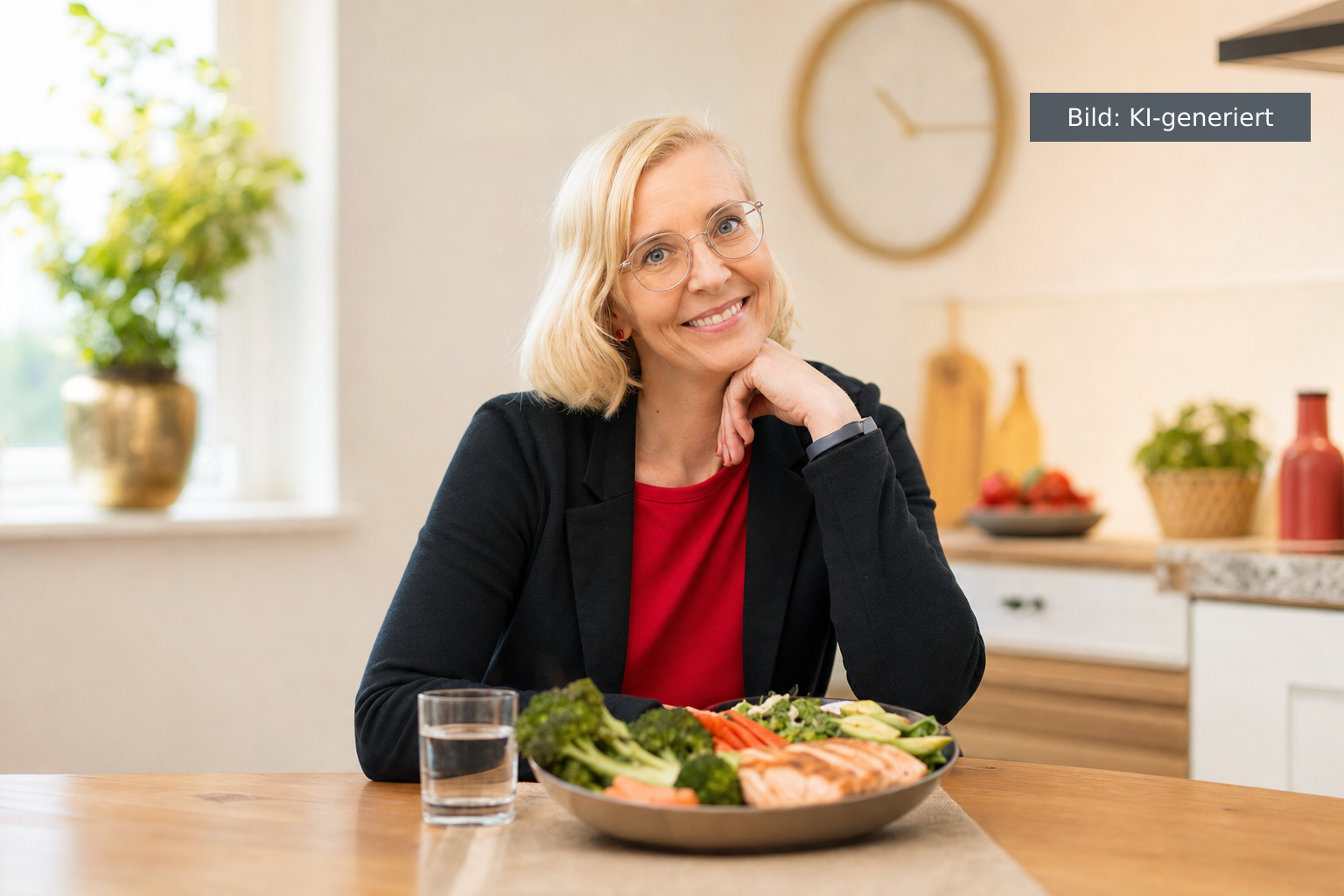 Daniela Marquardt erklärt die Intervallfasten Regeln in einer hellen Küche (KI-generiertes Bild)