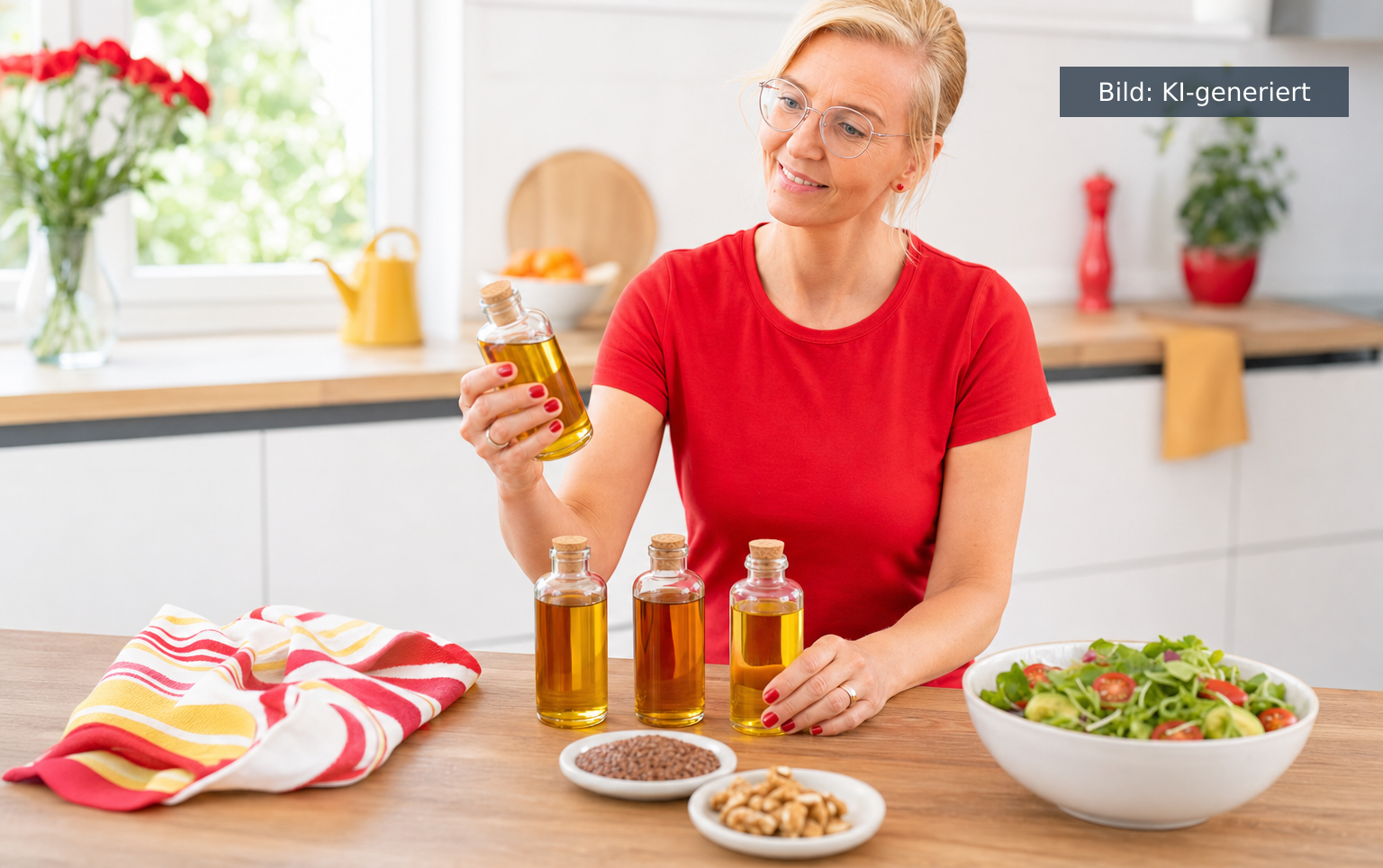 Omega 3 Öl bewusst auswählen: Fischöl, Algenöl und Pflanzenöl vergleichen (KI-generiertes Bild)