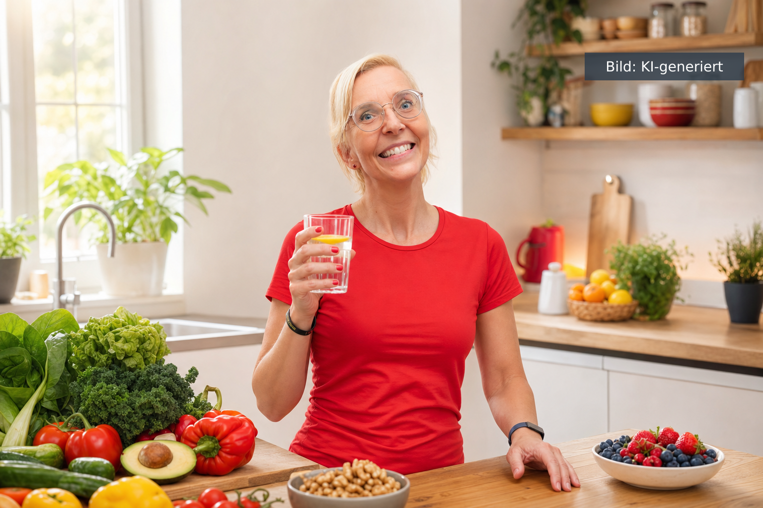 Frau ab 40 mit Wasser und frischem Gemüse für mehr Energie im Alltag (KI-generiertes Bild)