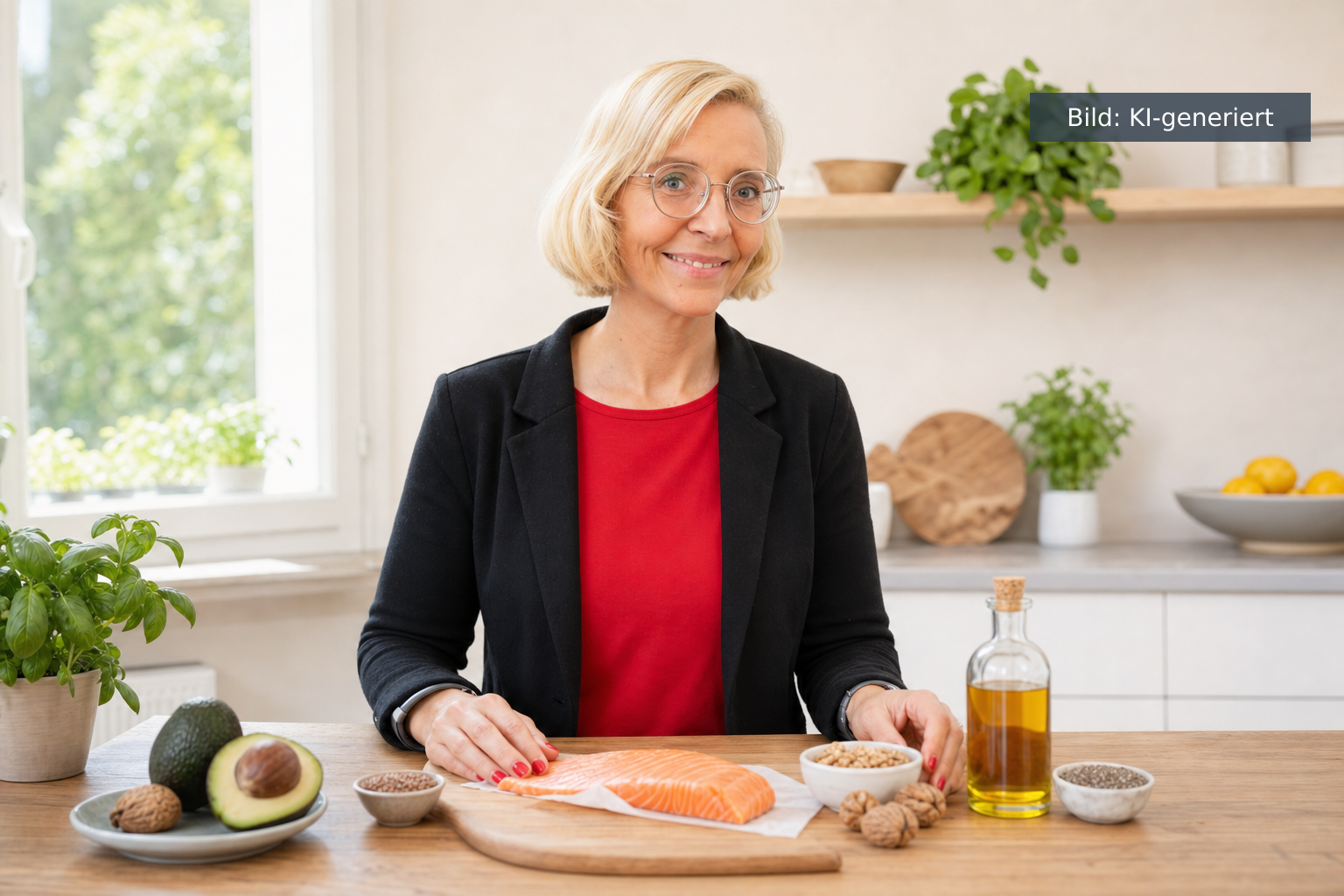 Omega-3 Lebensmittel auf einem Holztisch: Lachs, Walnüsse, Leinöl und Chiasamen (KI-generiertes Bild)