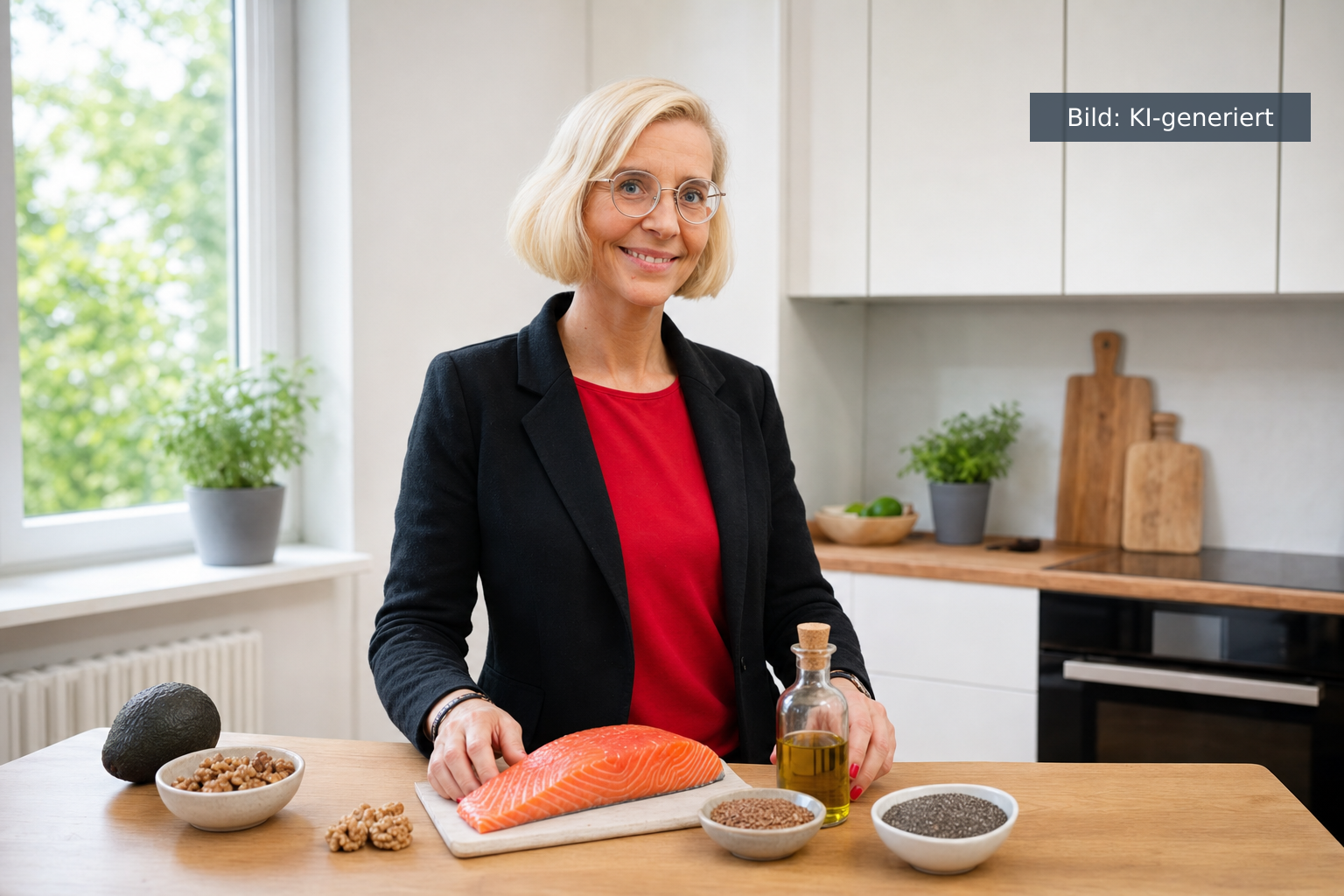 Daniela Marquardt in heller Küche mit Omega-3 Lebensmitteln wie Lachs, Avocado und Leinöl (KI-generiertes Bild)