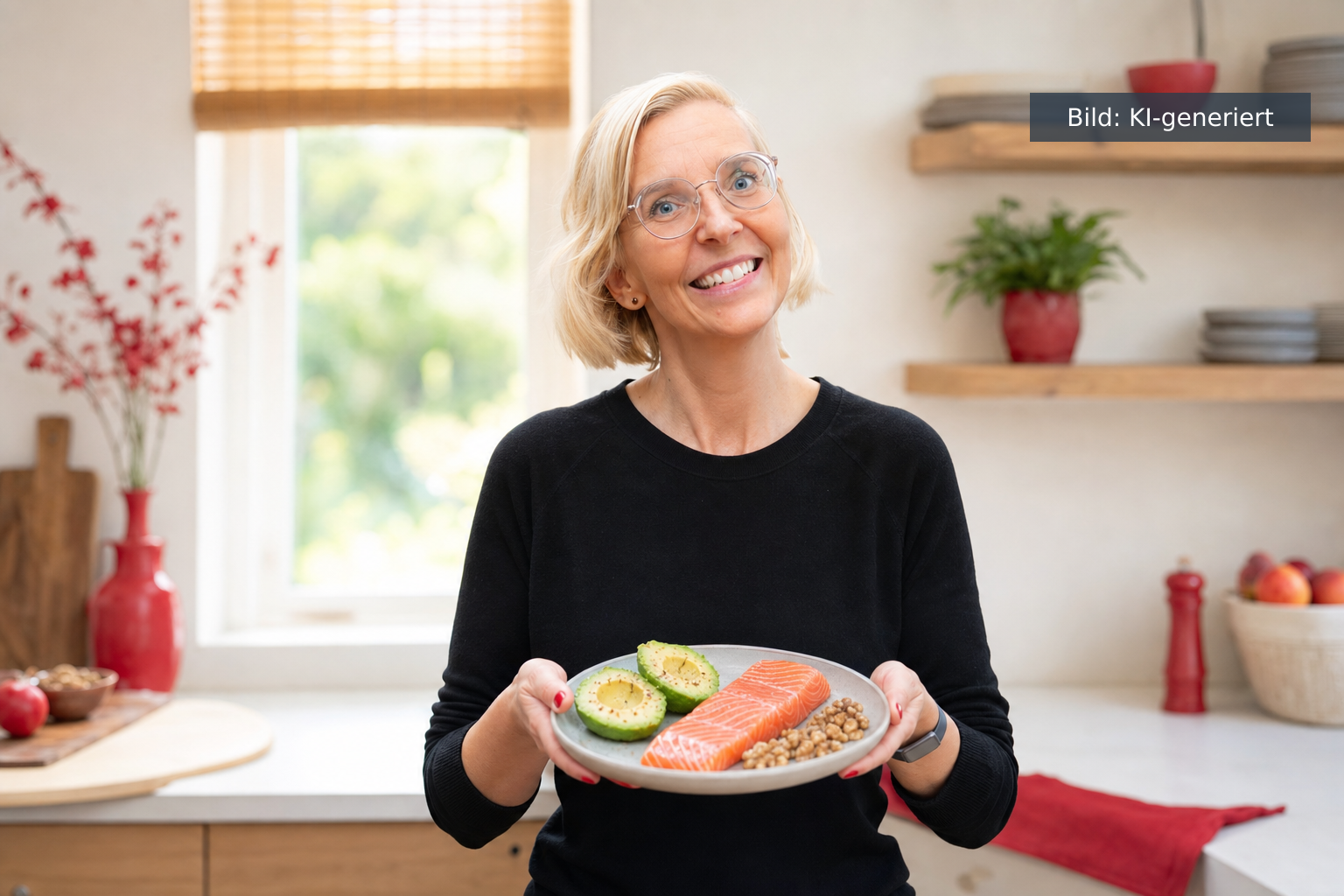 Omega-3-Mangel vorbeugen mit gesunden Fetten wie Lachs und Avocado (KI-generiertes Bild)