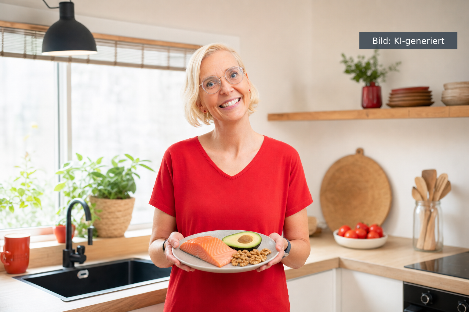 Omega-3-Mangel ausgleichen: Daniela Marquardt mit einem Teller Lachs, Avocado und Walnüssen (KI-generiertes Bild)