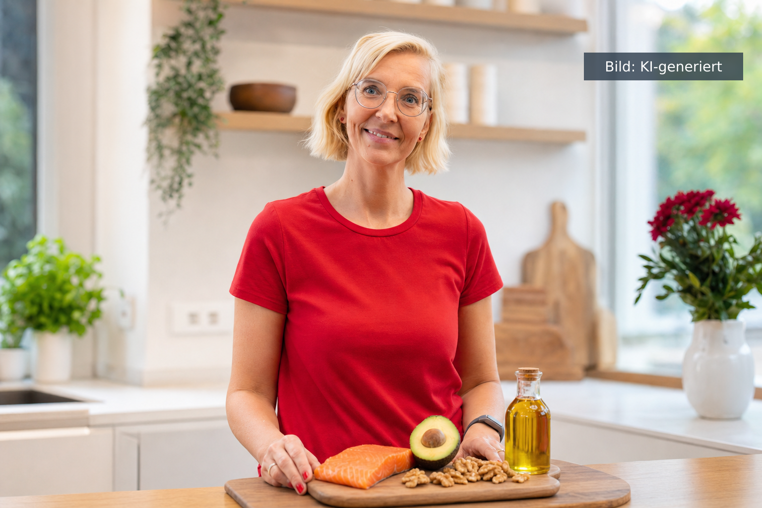 Omega 3 Wirkung: Daniela Marquardt in heller Küche mit Lachs, Avocado und Walnüssen (KI-generiertes Bild)