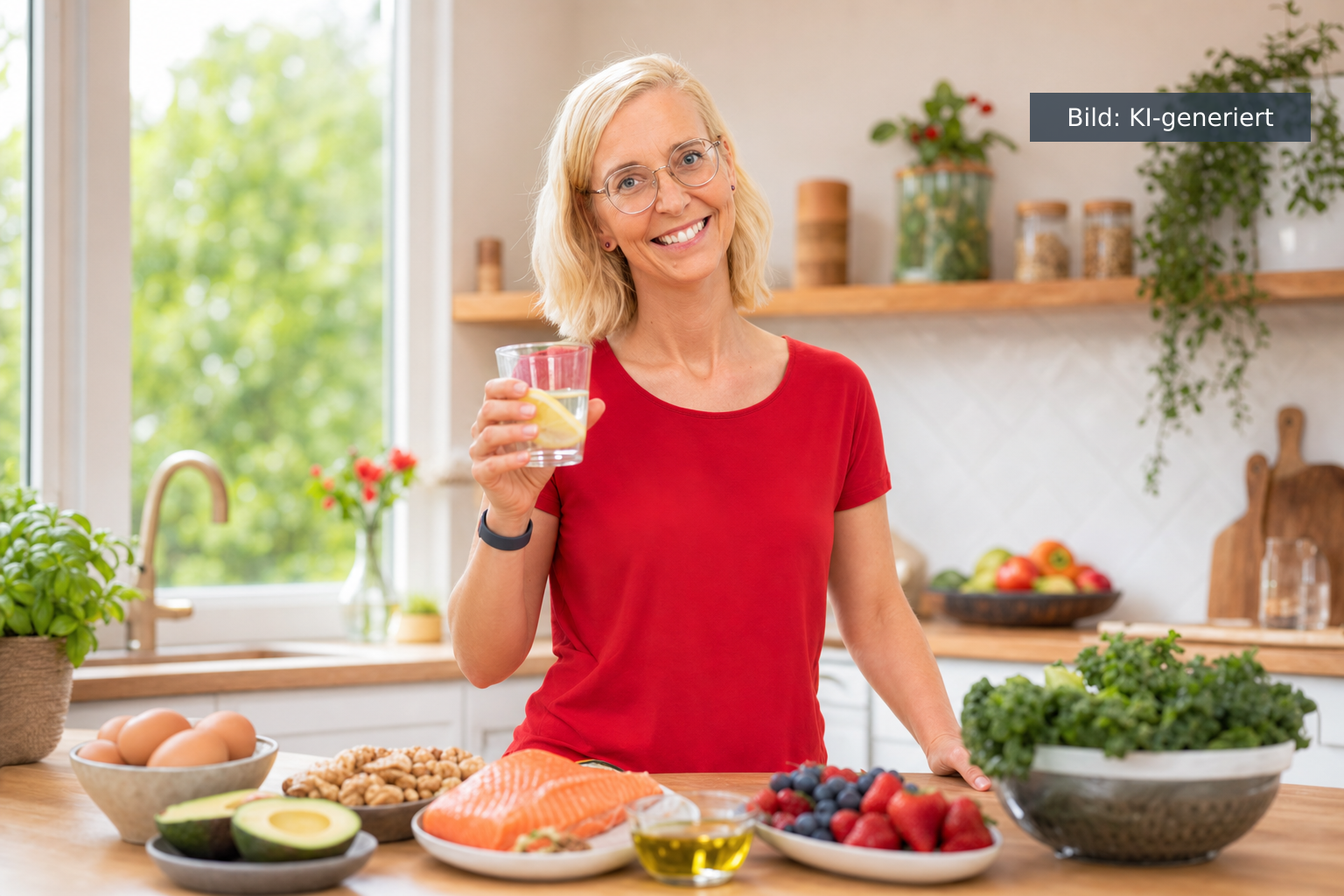 Stoffwechsel anregen mit echten Lebensmitteln – Eier, Lachs, Avocado, Walnüsse und Gemüse (KI-generiertes Bild)