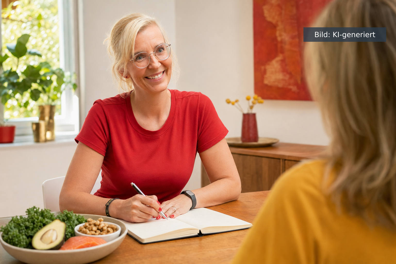 Abnehmcoach Daniela Marquardt im Beratungsgespräch an einem hellen Tisch mit frischen Lebensmitteln (KI-generiertes Bild)
