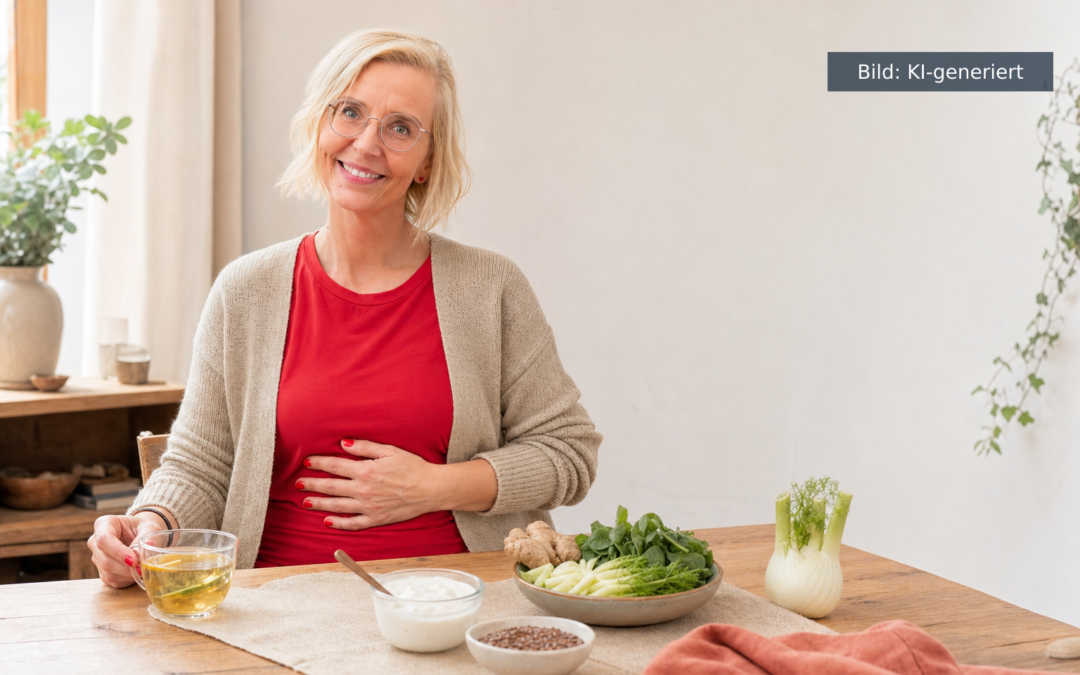 Blähbauch Wechseljahre: Daniela Marquardt sitzt entspannt am hellen Küchentisch, eine Hand am Bauch, vor sich Fenchel, Ingwer, Joghurt und Leinsamen (KI-generiertes Bild)
