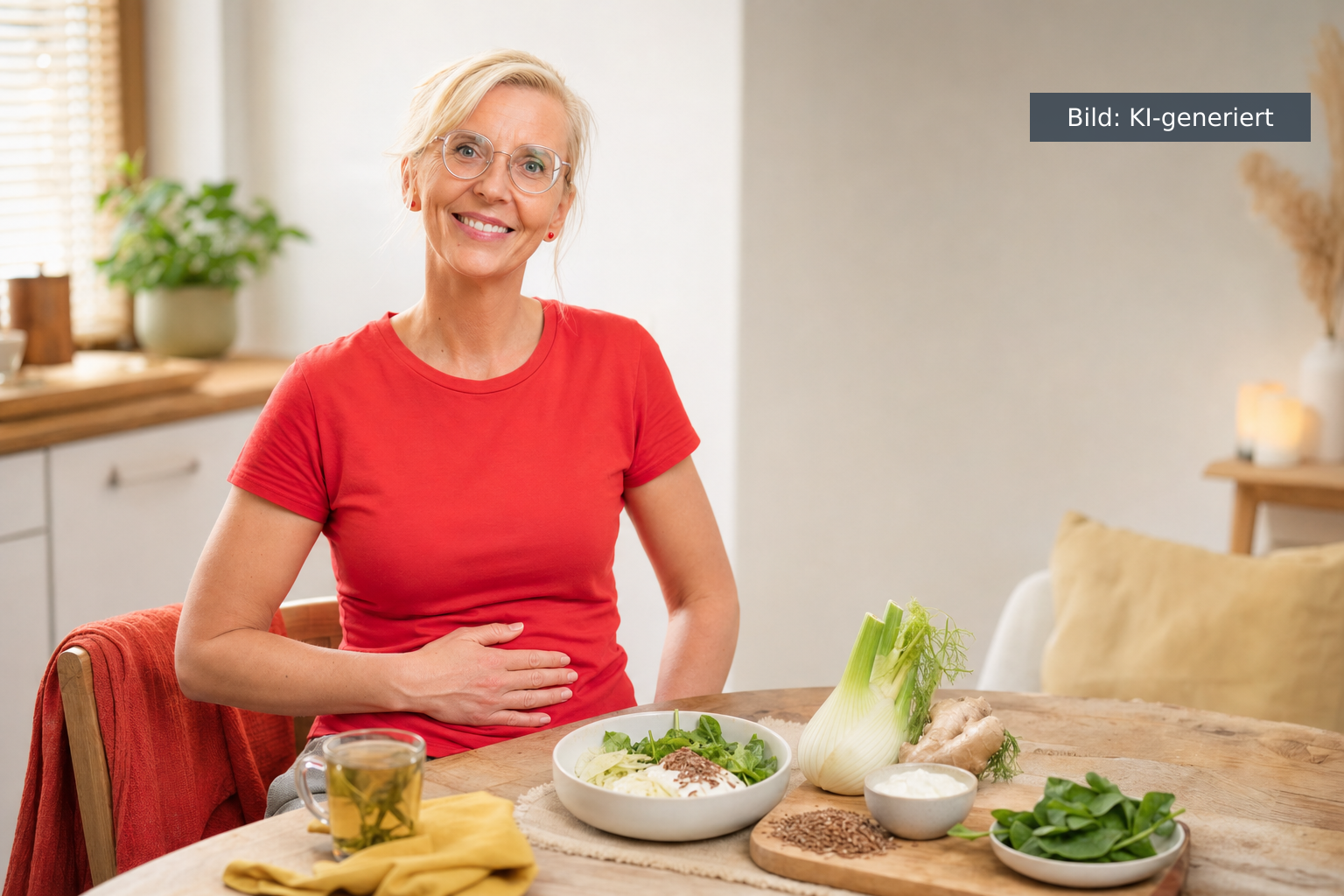 Blähbauch Wechseljahre: darmfreundliche Lebensmittel wie Fenchel, Ingwer, Leinsamen und Blattgemüse auf einem Holztisch (KI-generiertes Bild)