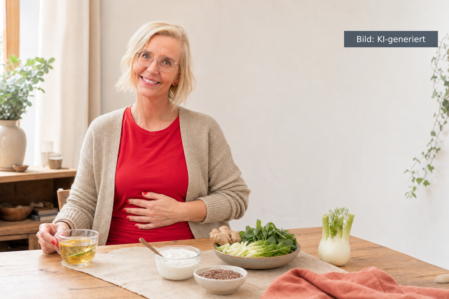 Blähbauch Wechseljahre: Daniela Marquardt sitzt entspannt am hellen Küchentisch, eine Hand am Bauch, vor sich Fenchel, Ingwer, Joghurt und Leinsamen (KI-generiertes Bild)