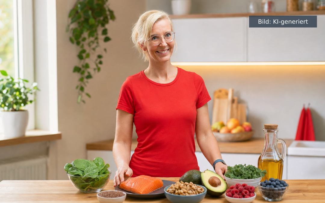 Daniela Marquardt in heller Küche mit frischen Lebensmitteln für einen Ernährungsplan Wechseljahre (KI-generiertes Bild)