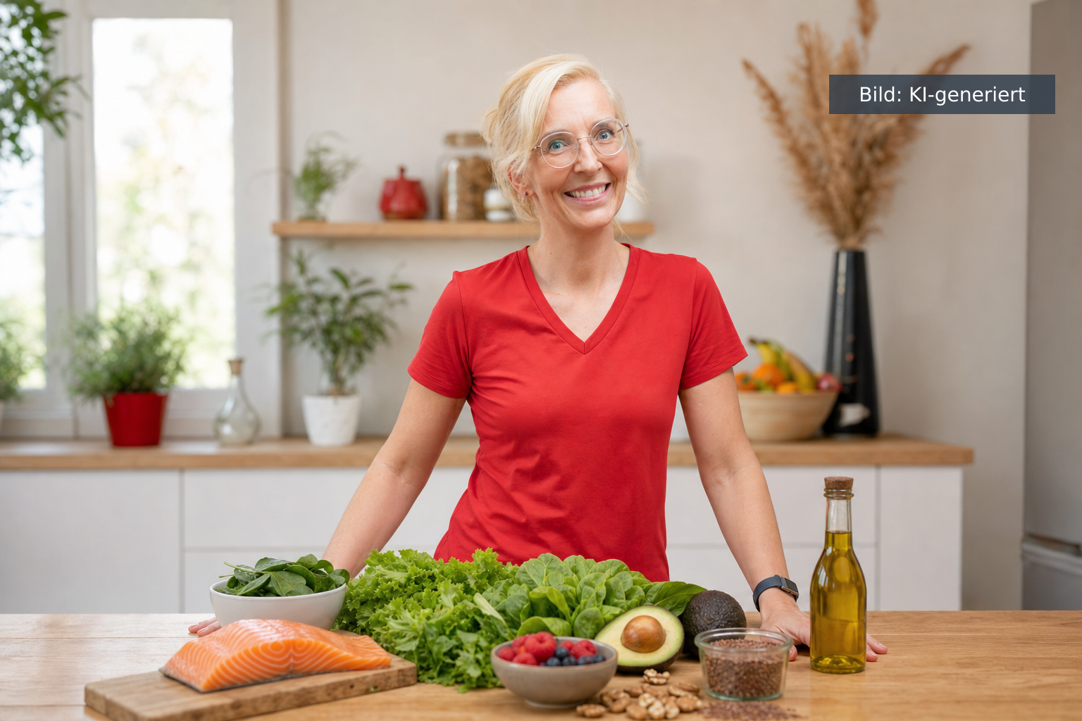 Zutaten für einen Ernährungsplan Wechseljahre: Lachs, Avocado, Walnüsse, Beeren und Blattgemüse (KI-generiertes Bild)