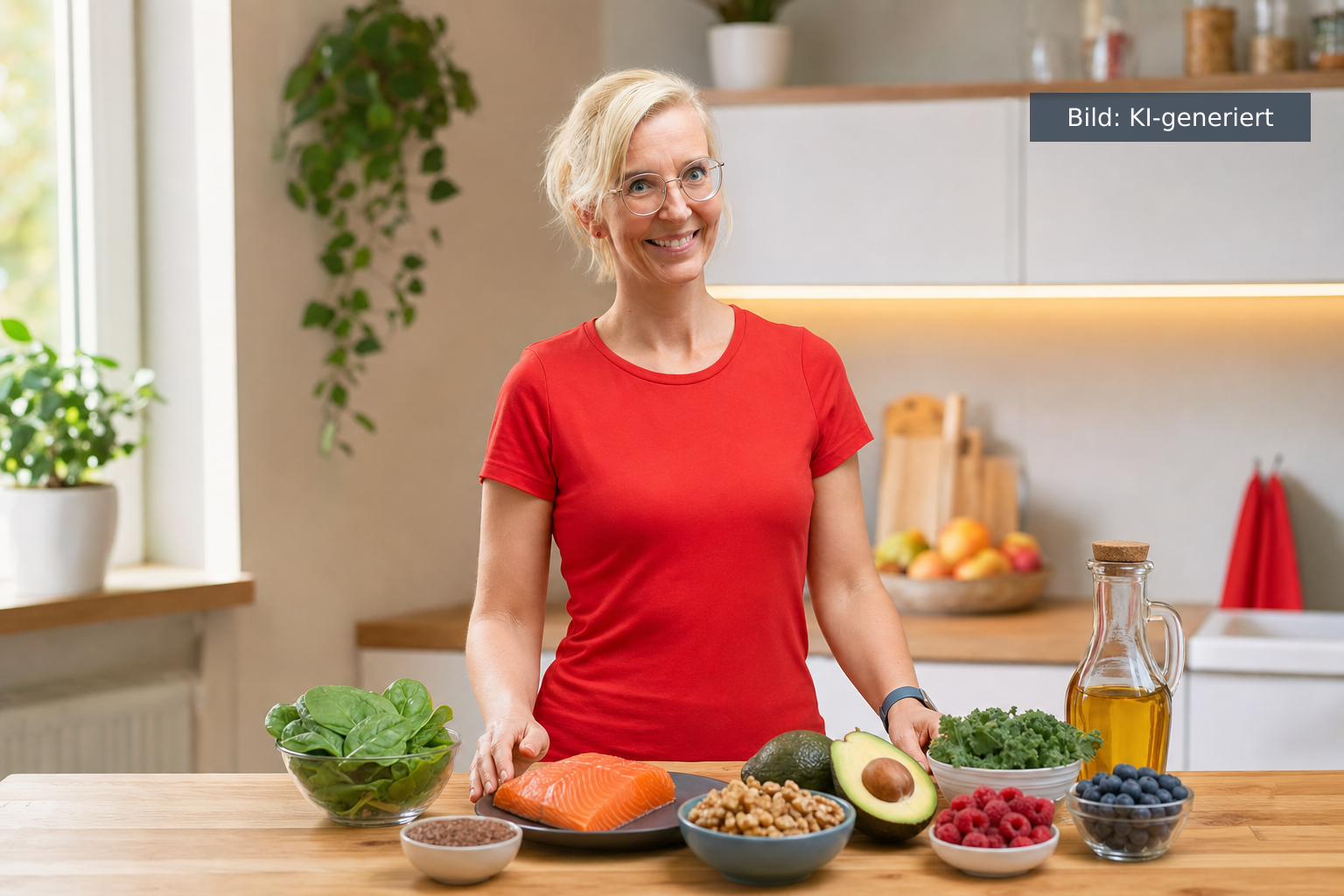 Daniela Marquardt in heller Küche mit frischen Lebensmitteln für einen Ernährungsplan Wechseljahre (KI-generiertes Bild)